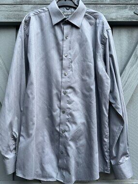 Kenneth Cole Reaction Mens Dress Shirt 16.5 34/35 Gray Stripe Regular Fit